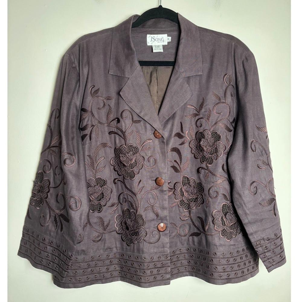 JSong Womens Linen Blazer 18 Floral Embroidered Jacket 3/4 Sleeve Dressy Career